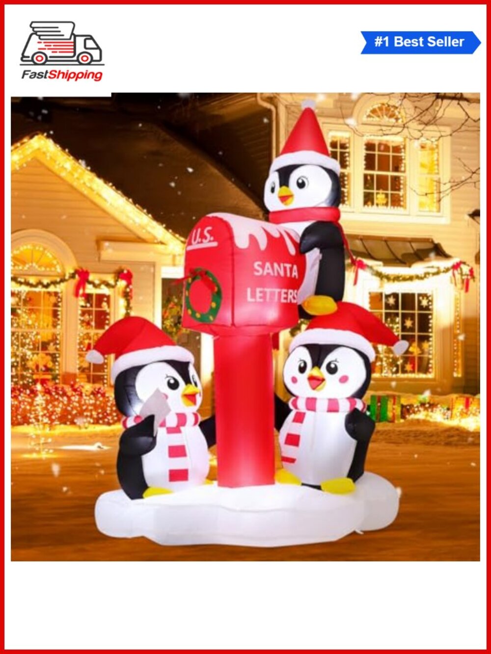 🎅 6.5 FT Christmas Inflatable Penguins Santa Letter Box LED Yard Decor